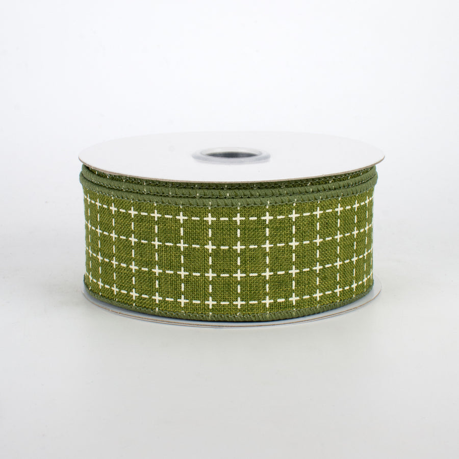 1.5" Stitched Squares Ribbon: Moss Green & Cream (10 Yards)
