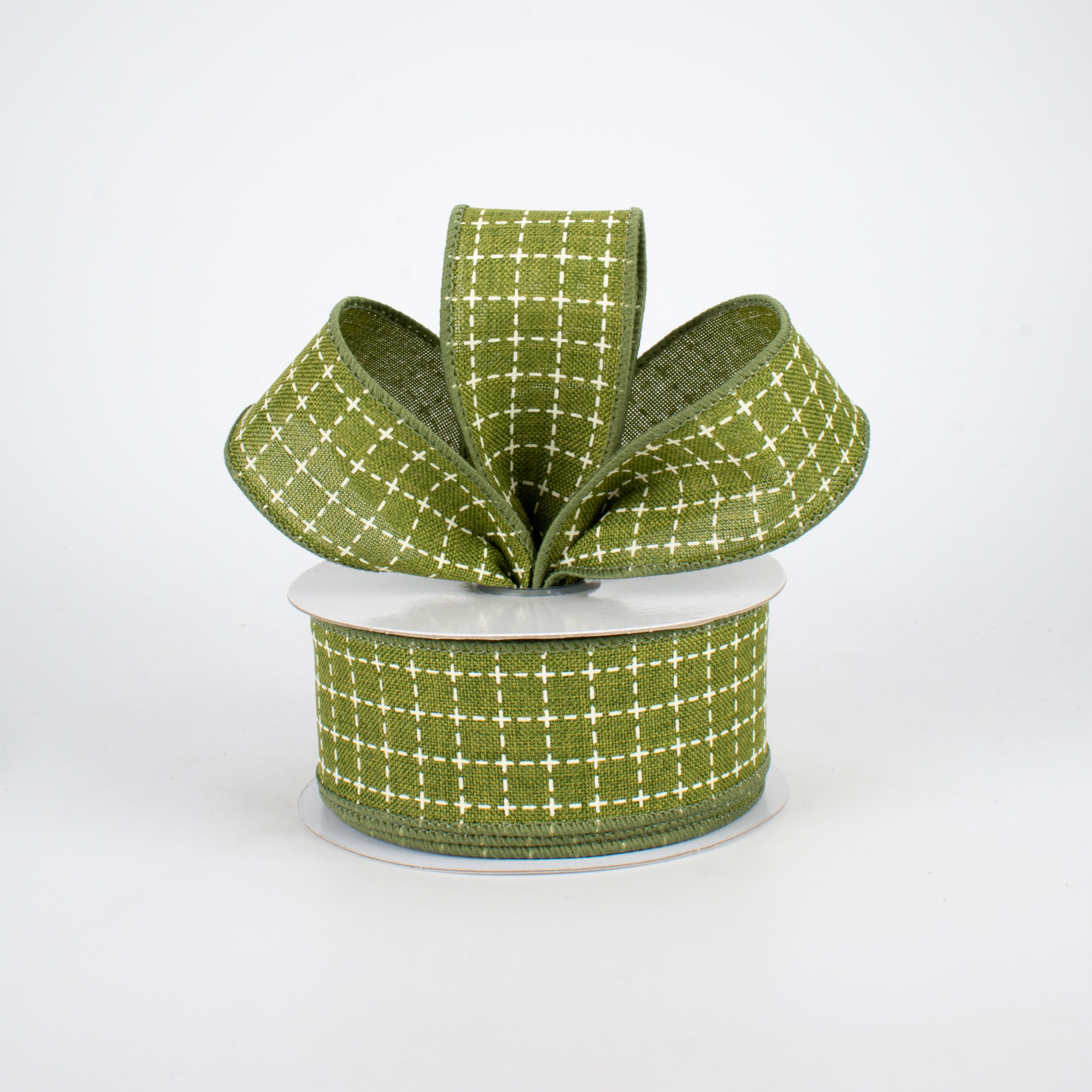1.5" Stitched Squares Ribbon: Moss Green & Cream (10 Yards)