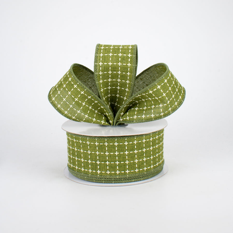 1.5" Stitched Squares Ribbon: Moss Green & Cream (10 Yards)