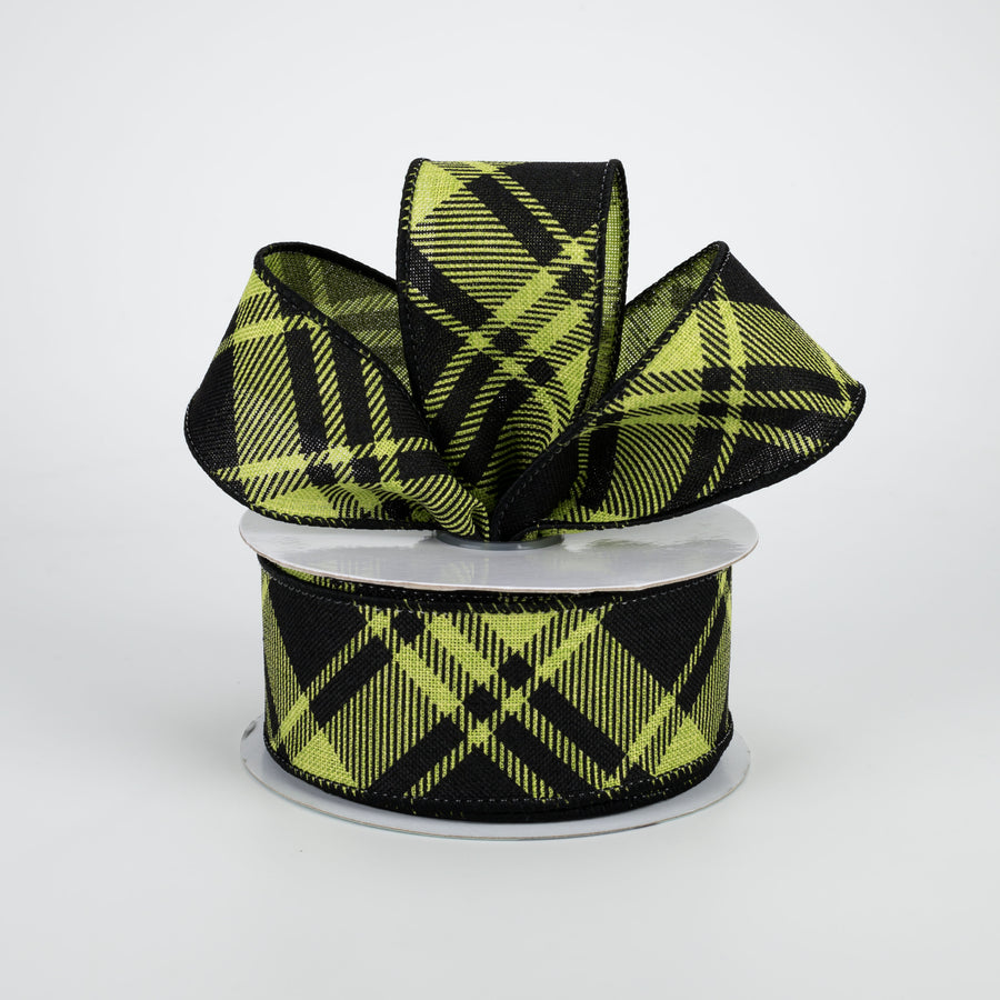1.5" Diagonal Stripe Check Ribbon: Lime Green & Black (10 Yards)