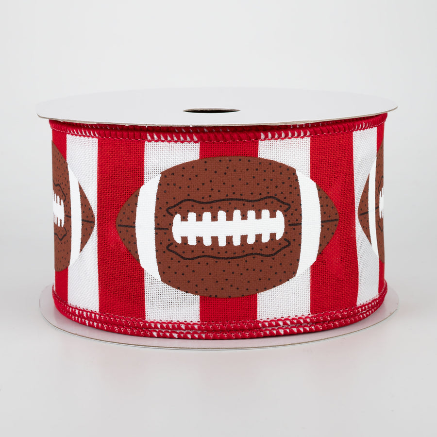 2.5" Footballs On Stripe Ribbon: Crimson & White (10 Yards)