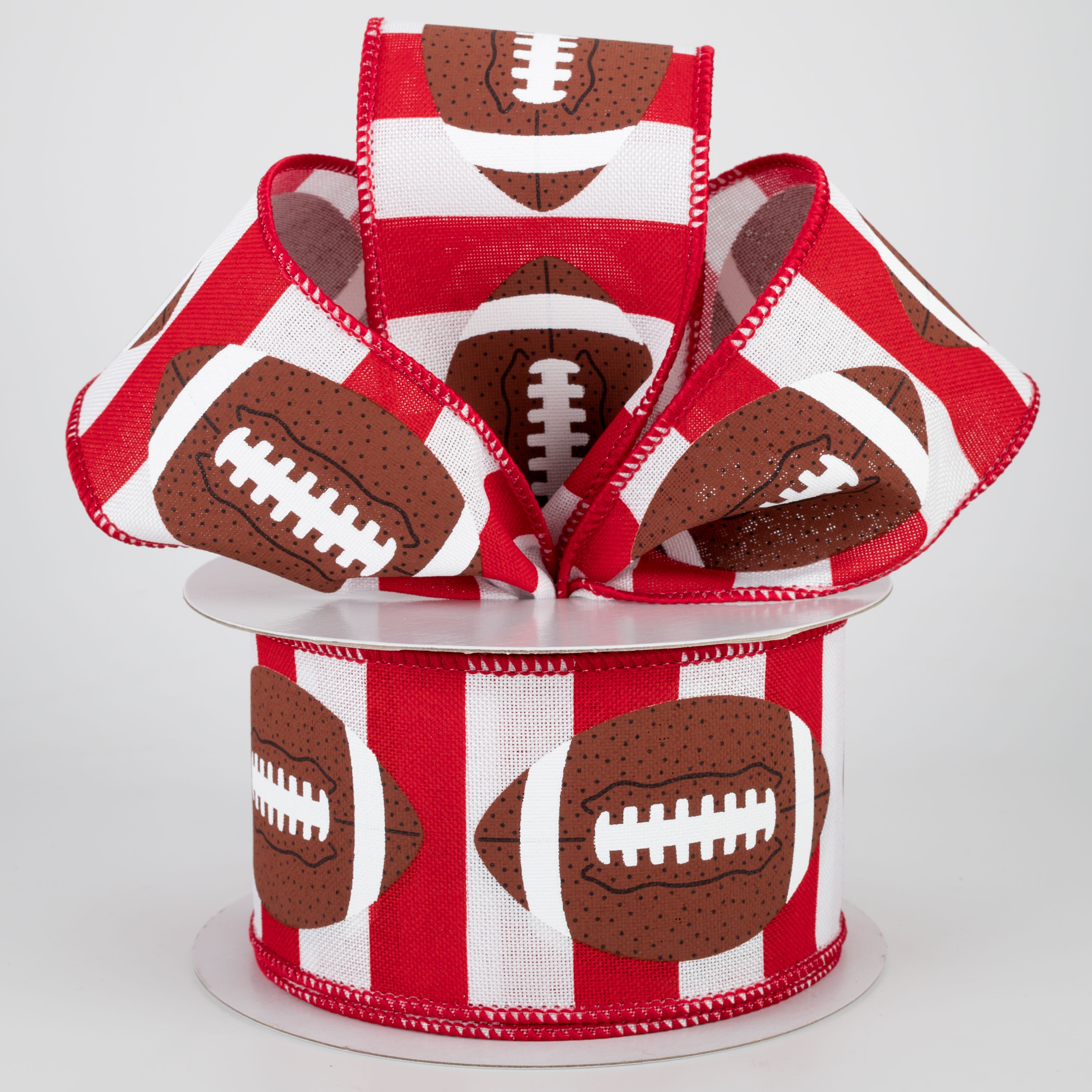 2.5" Footballs On Stripe Ribbon: Crimson & White (10 Yards)