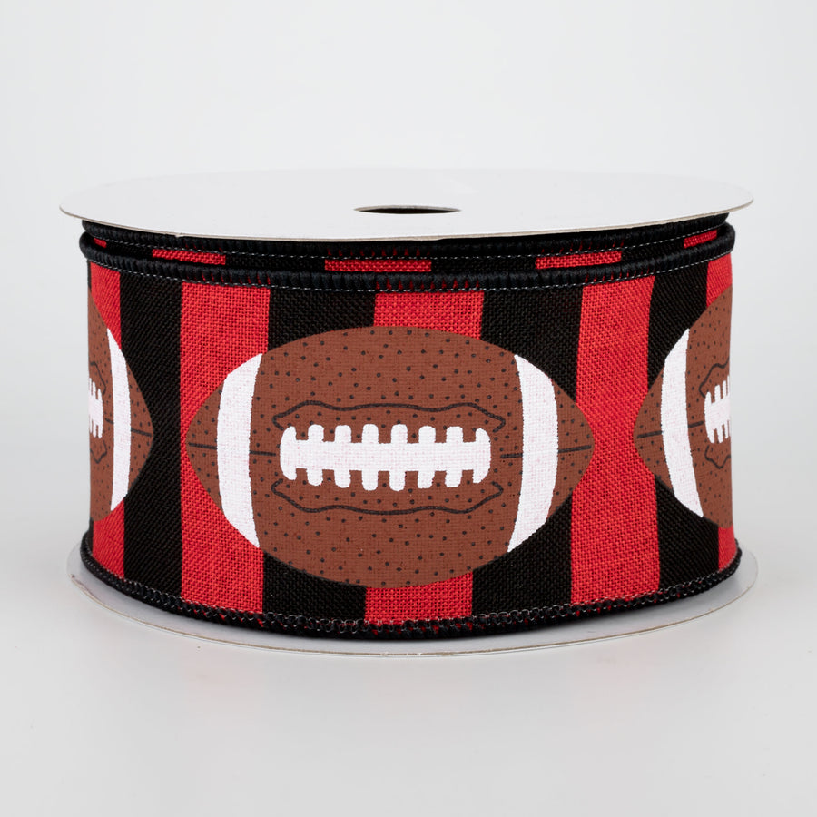 2.5" Footballs On Stripe Ribbon: Black & Red (10 Yards)