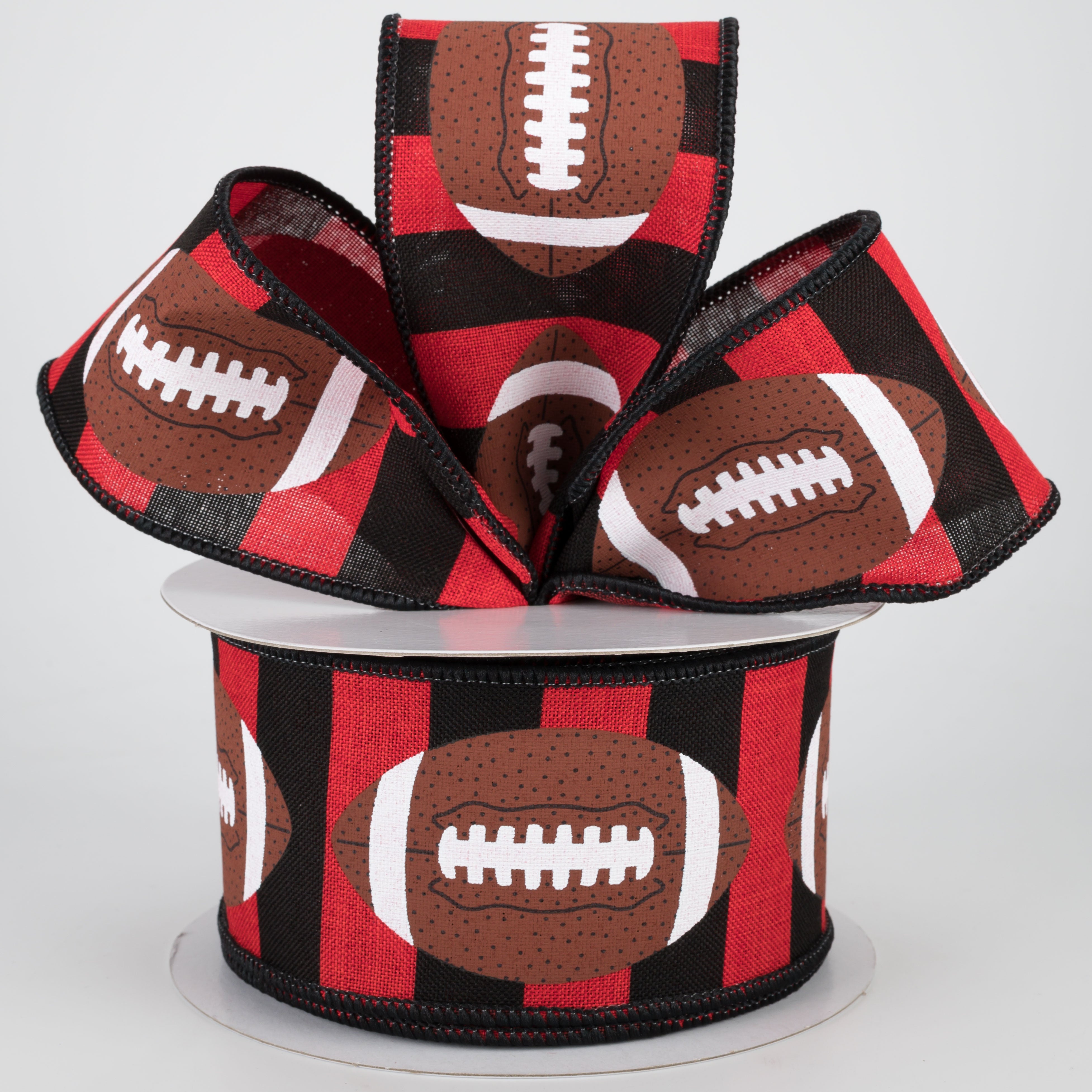 2.5" Footballs On Stripe Ribbon: Black & Red (10 Yards)