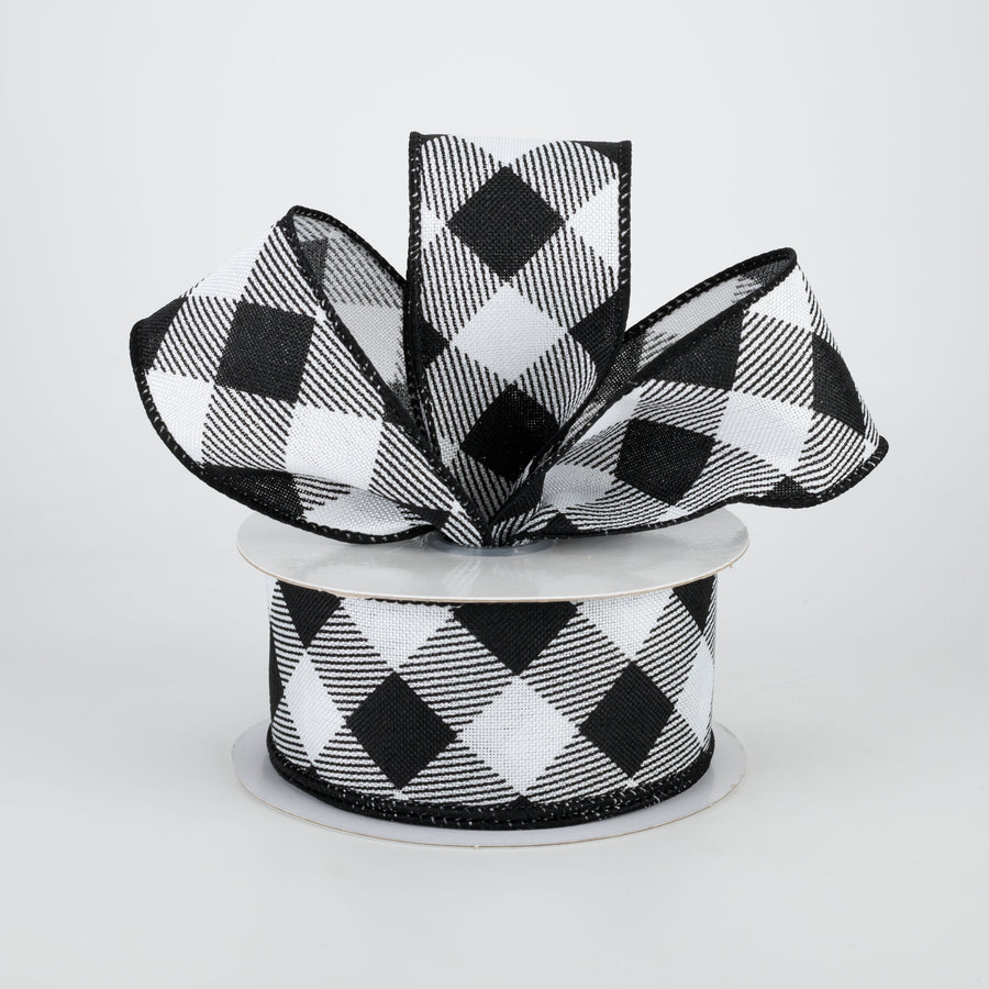 1.5" Diagonal Check Ribbon: White & Black (10 Yards)