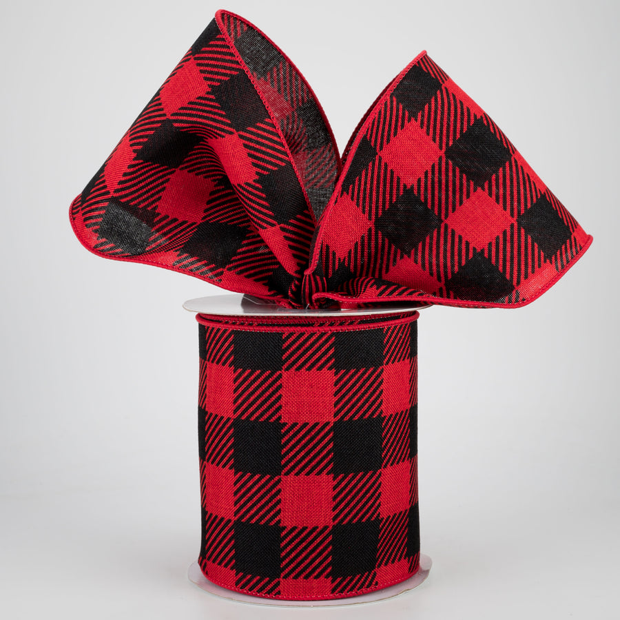 4" Large Striped Check Ribbon: Red & Black (10 Yards)