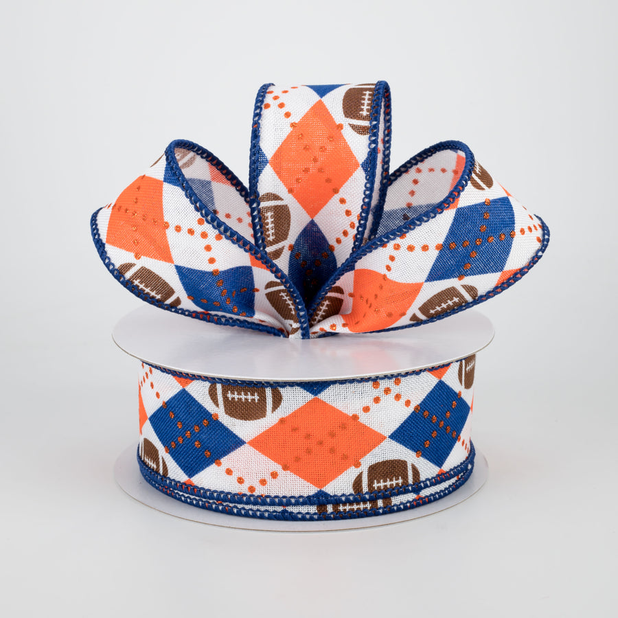 1.5" Argyle Footballs Ribbon: Orange & Navy (10 Yards)