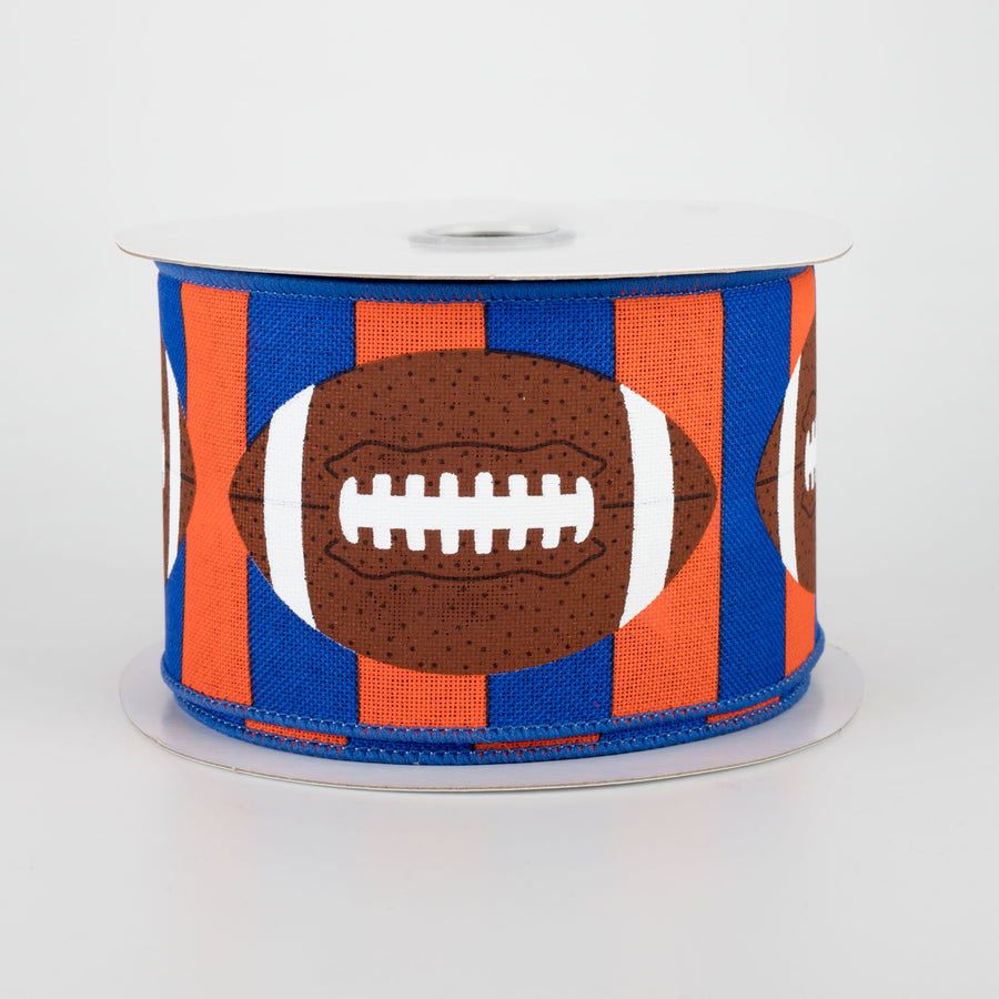 2.5" Footballs On Stripe Ribbon: Blue, Orange, Brown (10 Yards)