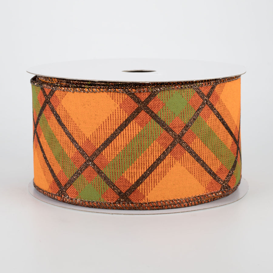 2.5" Glitter Plaid Ribbon: Rust, Brown, Orange, Moss (10 Yards)