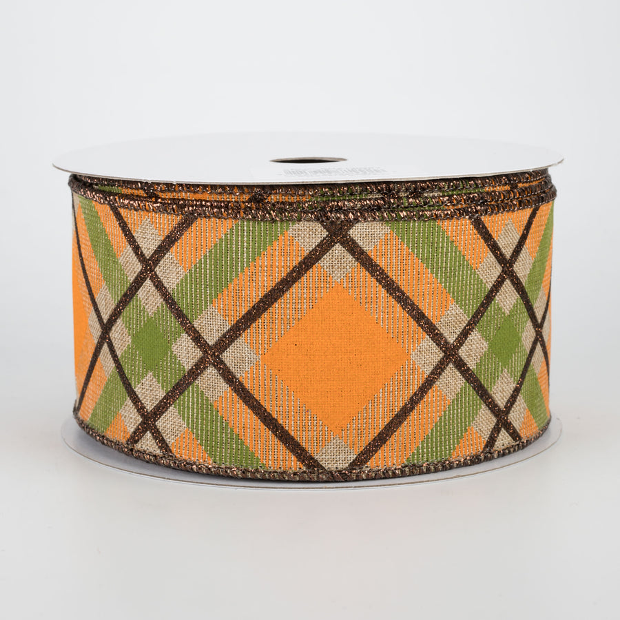 2.5" Glitter Plaid Ribbon: Light Beige, Brown, Orange, Moss (10 Yards)