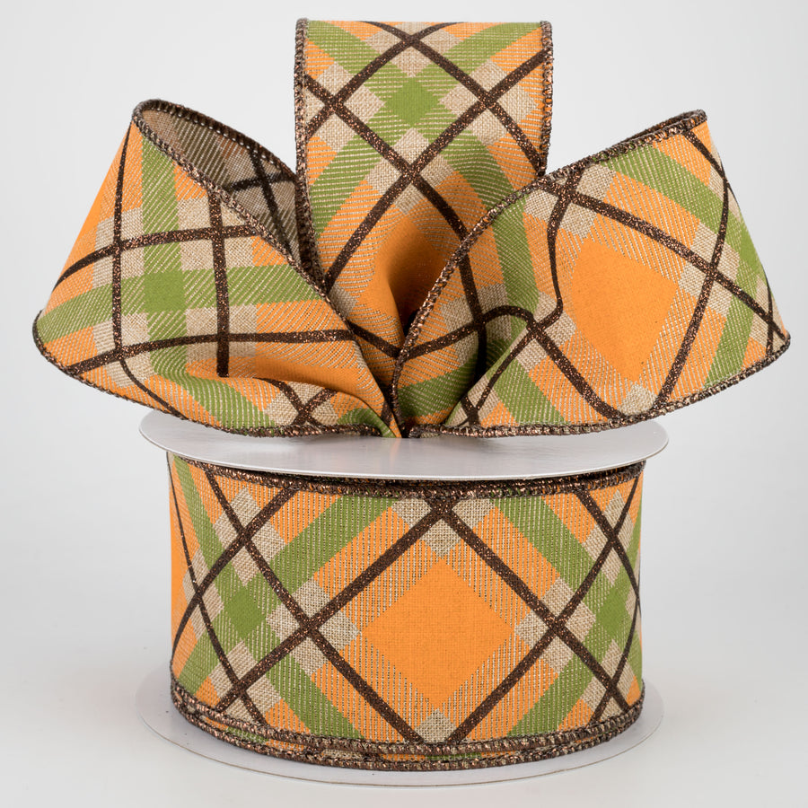 2.5" Glitter Plaid Ribbon: Light Beige, Brown, Orange, Moss (10 Yards)