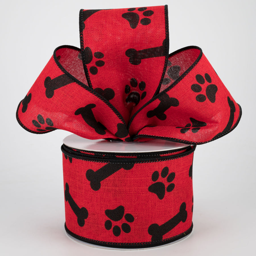 2.5" Paw Print & Bones Ribbon: Red & Black (10 Yards)