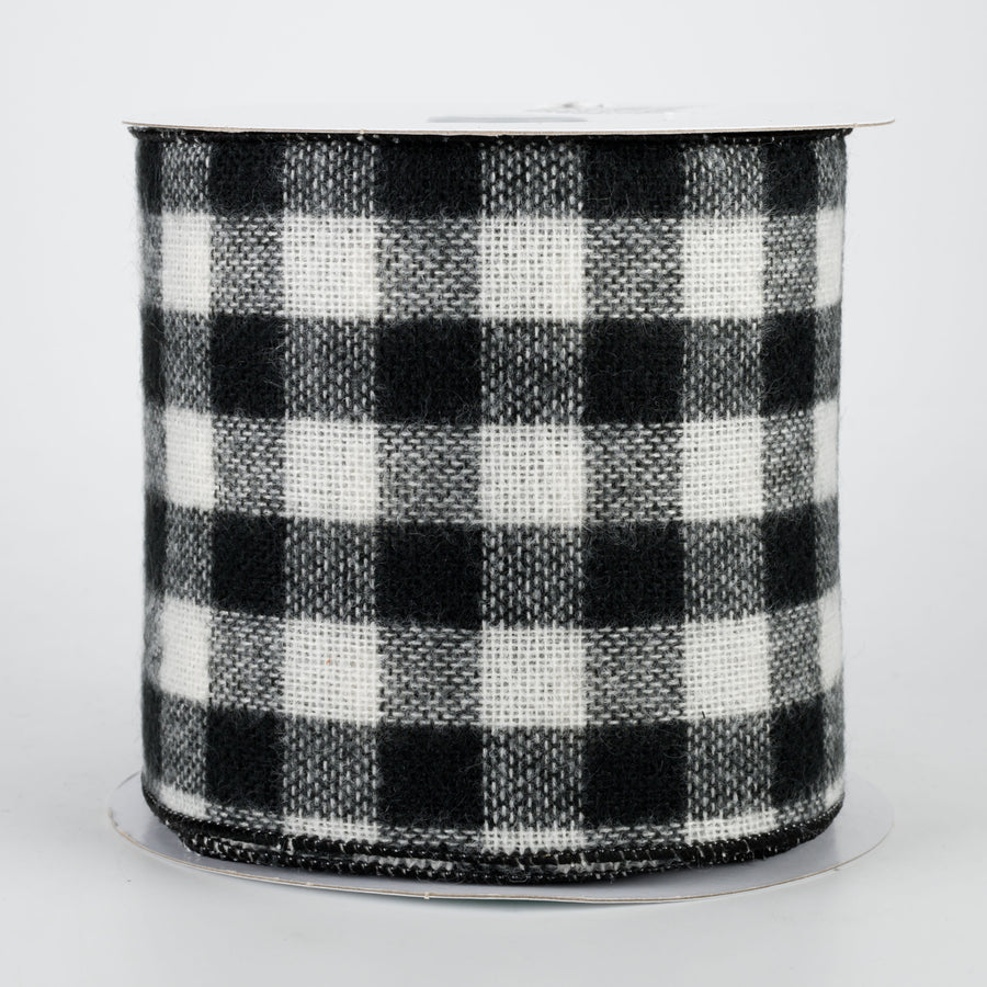 4" Fuzzy Flannel Check Ribbon: Black & White (10 Yards)