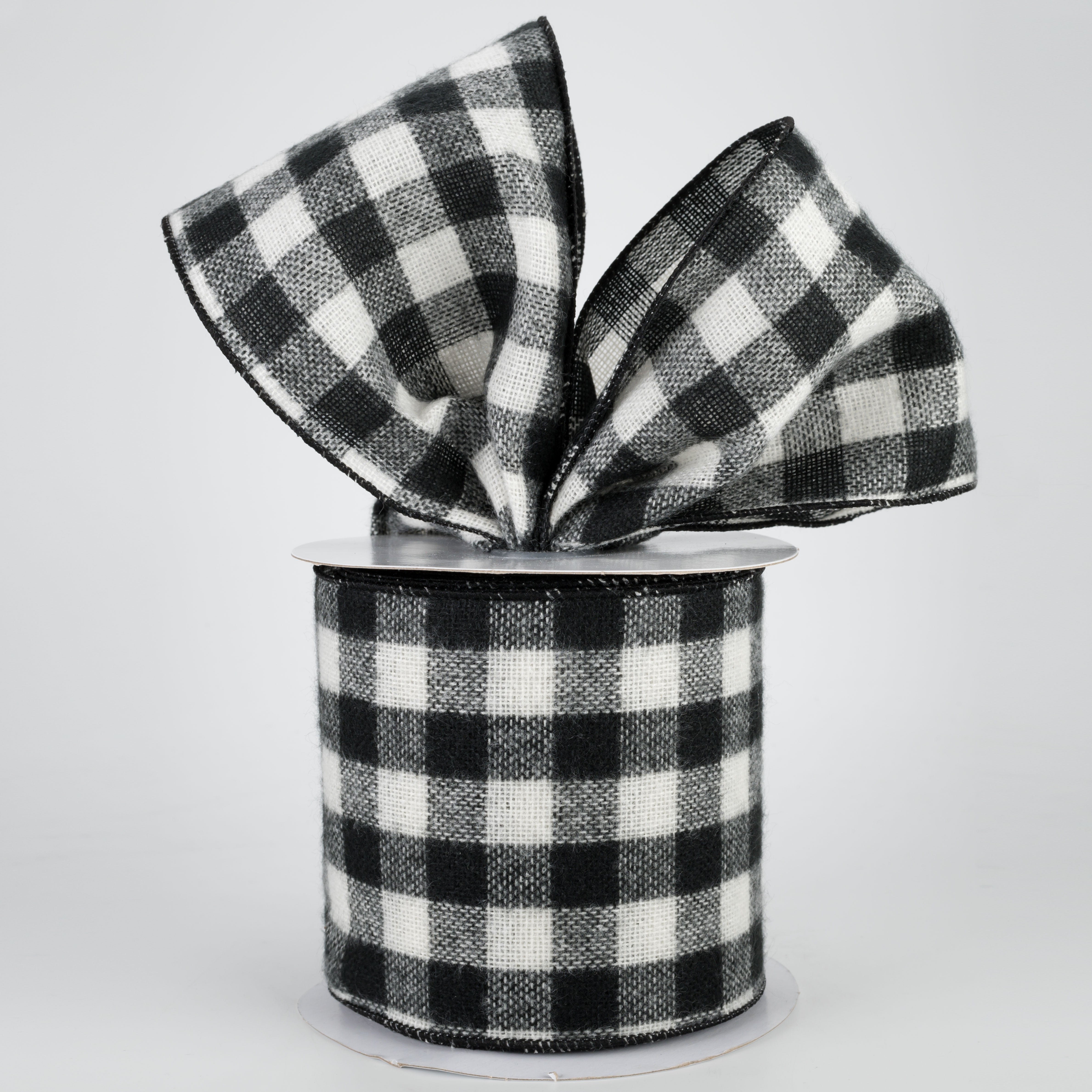 4" Fuzzy Flannel Check Ribbon: Black & White (10 Yards)