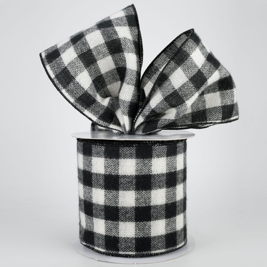 4" Fuzzy Flannel Check Ribbon: Black & White (10 Yards)