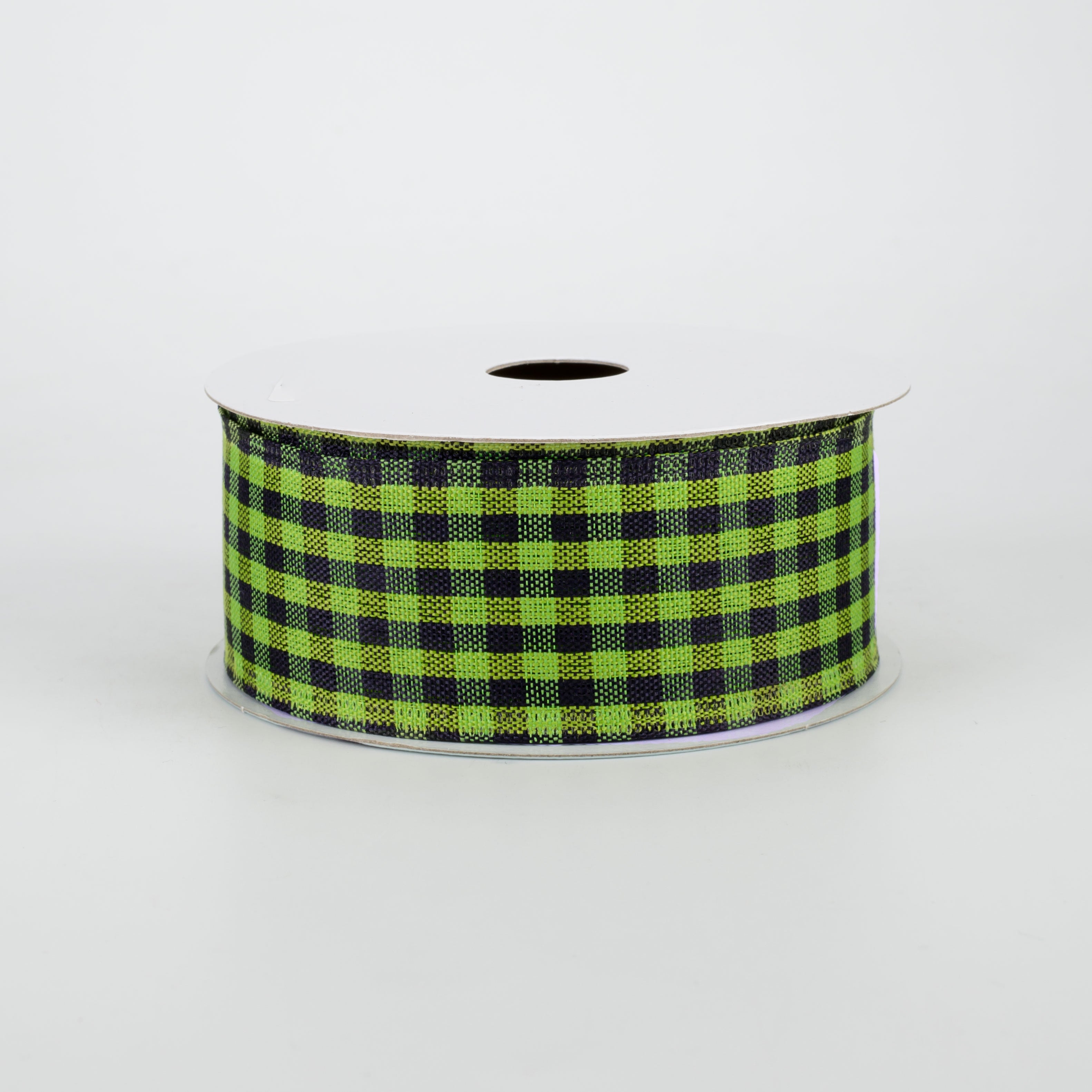 1.5" Woven Gingham Check Ribbon: Black & Lime Green (10 Yards)