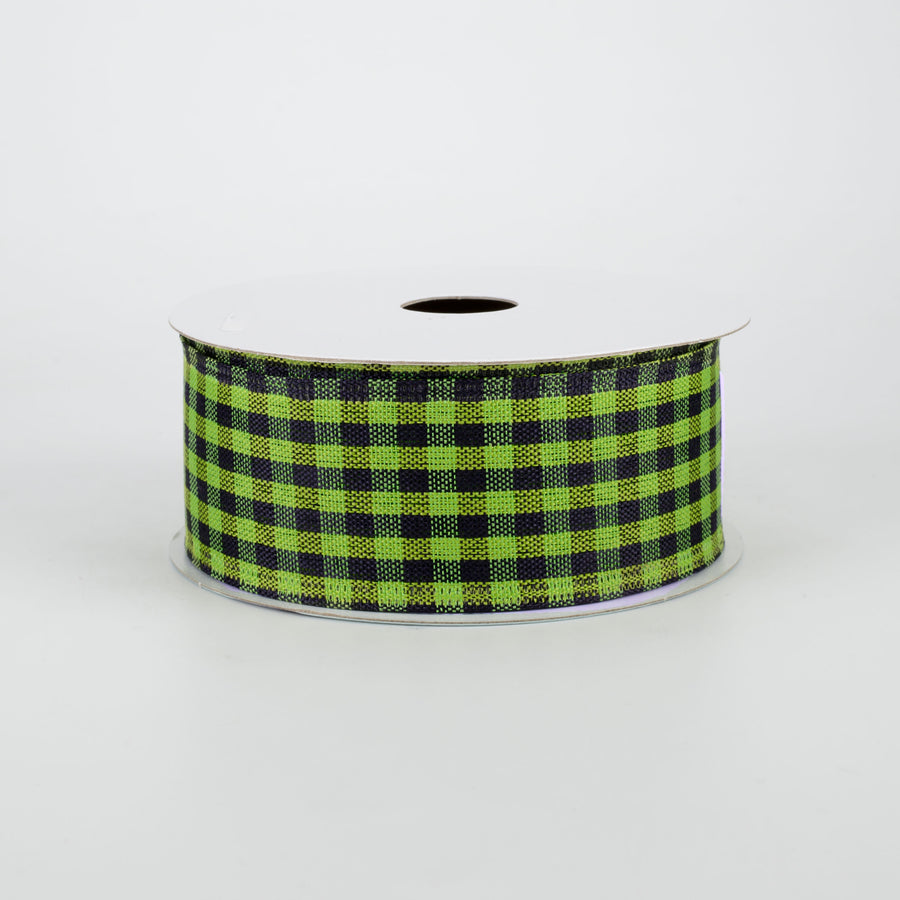 1.5" Woven Gingham Check Ribbon: Black & Lime Green (10 Yards)