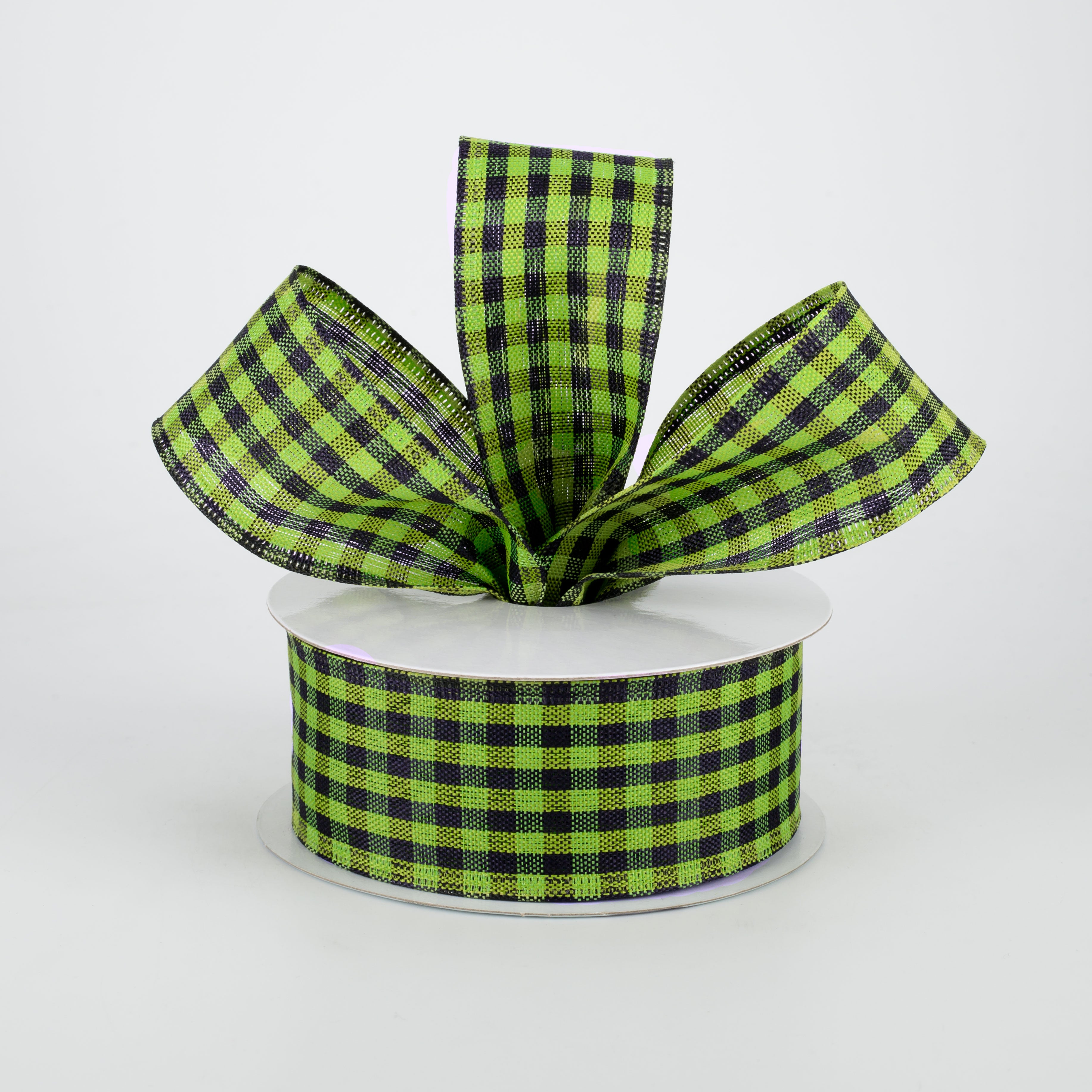 1.5" Woven Gingham Check Ribbon: Black & Lime Green (10 Yards)