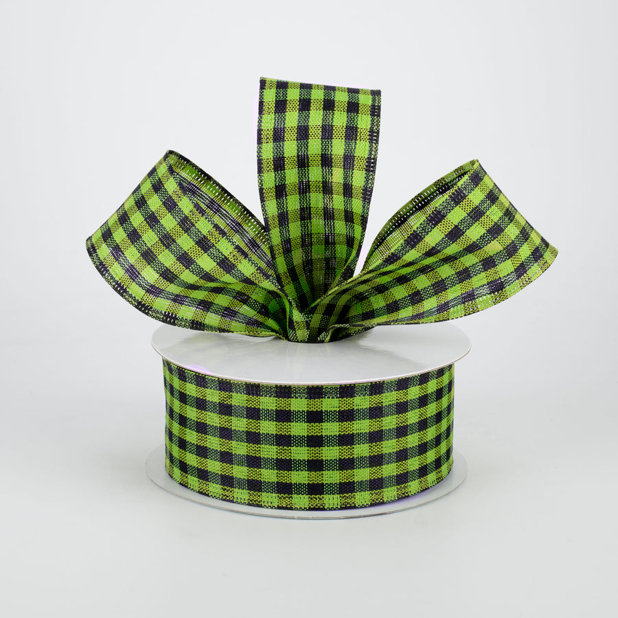 1.5" Woven Gingham Check Ribbon: Black & Lime Green (10 Yards)
