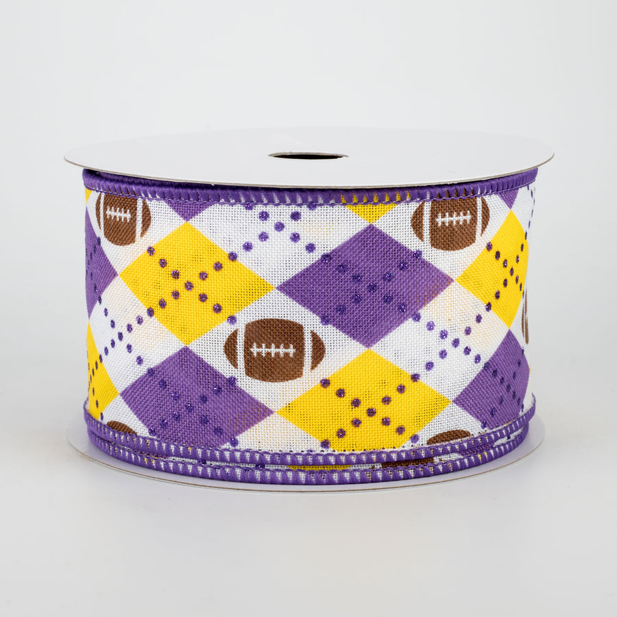 2.5" Argyle Footballs Ribbon: Yellow & Purple (10 Yards)