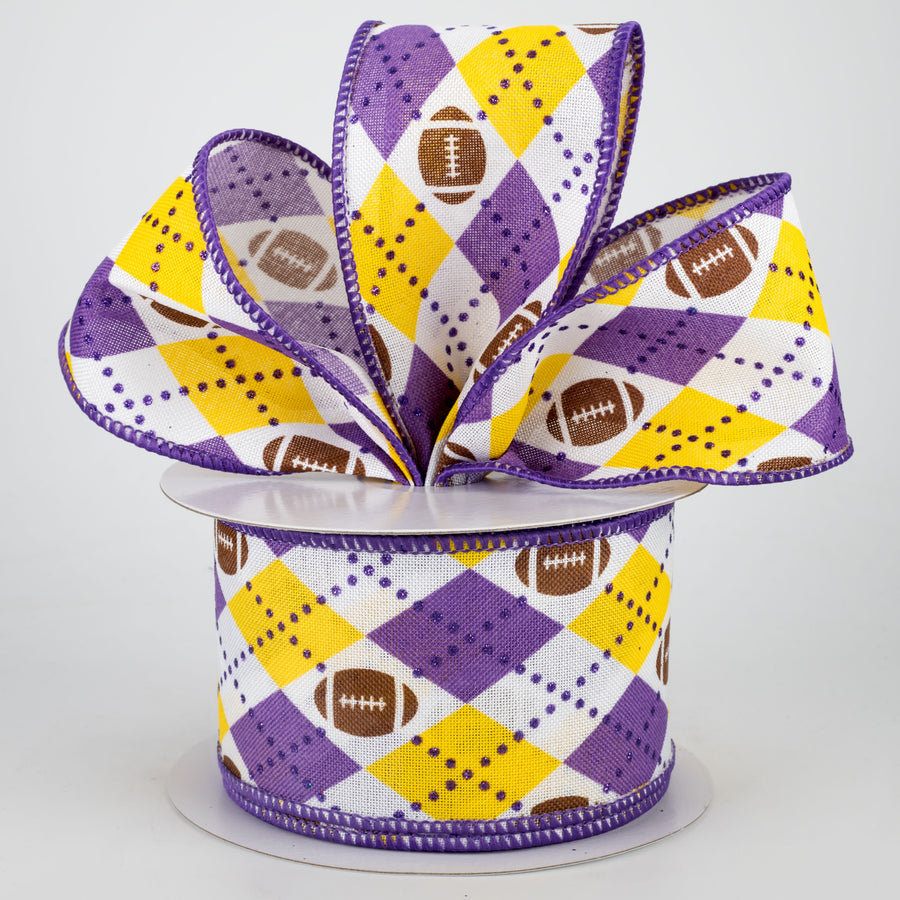2.5" Argyle Footballs Ribbon: Yellow & Purple (10 Yards)