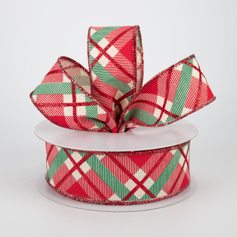 1.5" Glitter Plaid Ribbon: Cream, Red, Emerald (10 Yards)