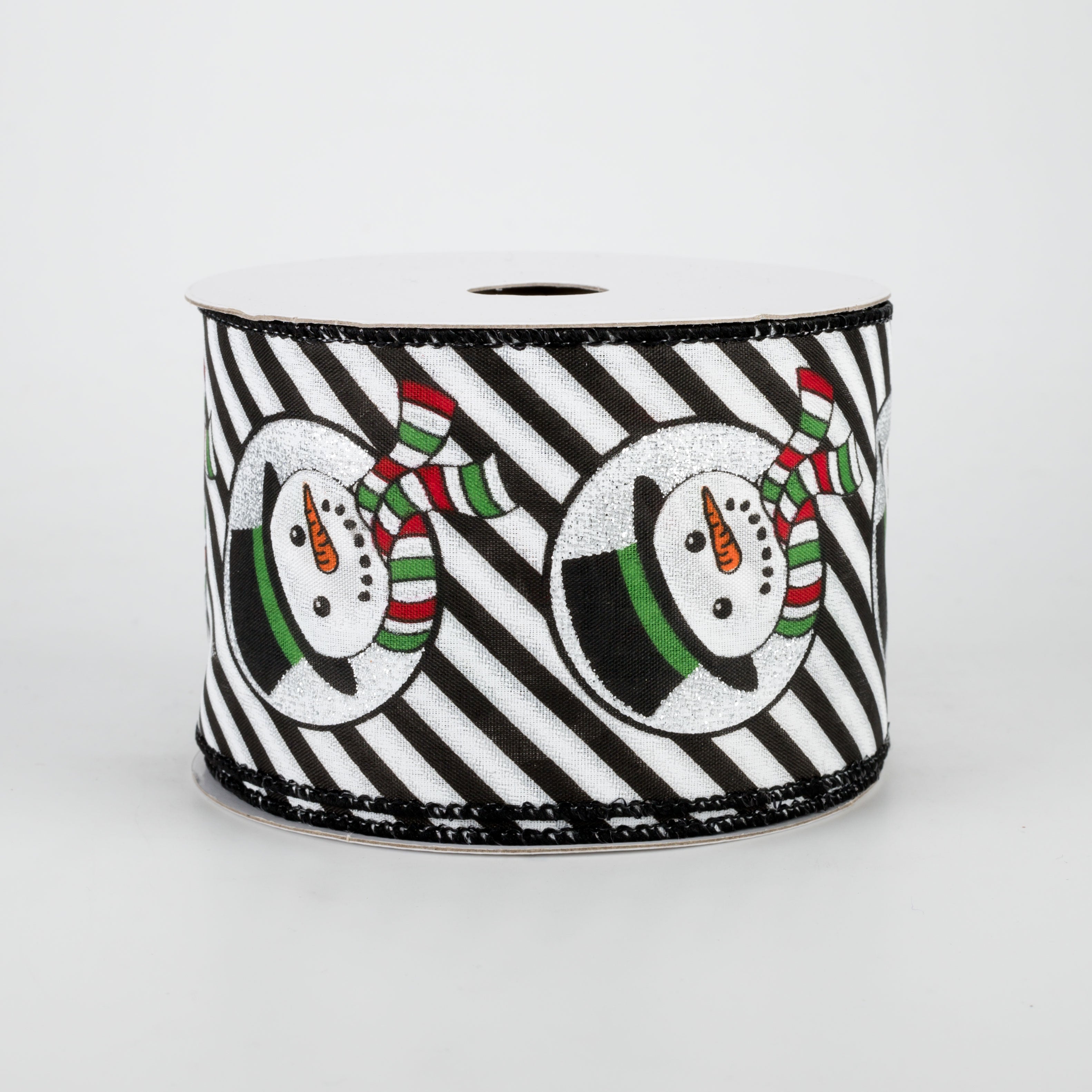 2.5" Snowman Head & Diagonal Stripes Ribbon: Black & White (10 Yards)