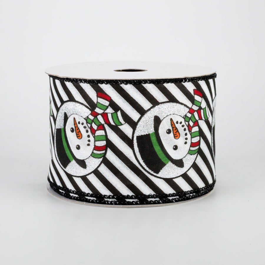 2.5" Snowman Head & Diagonal Stripes Ribbon: Black & White (10 Yards)