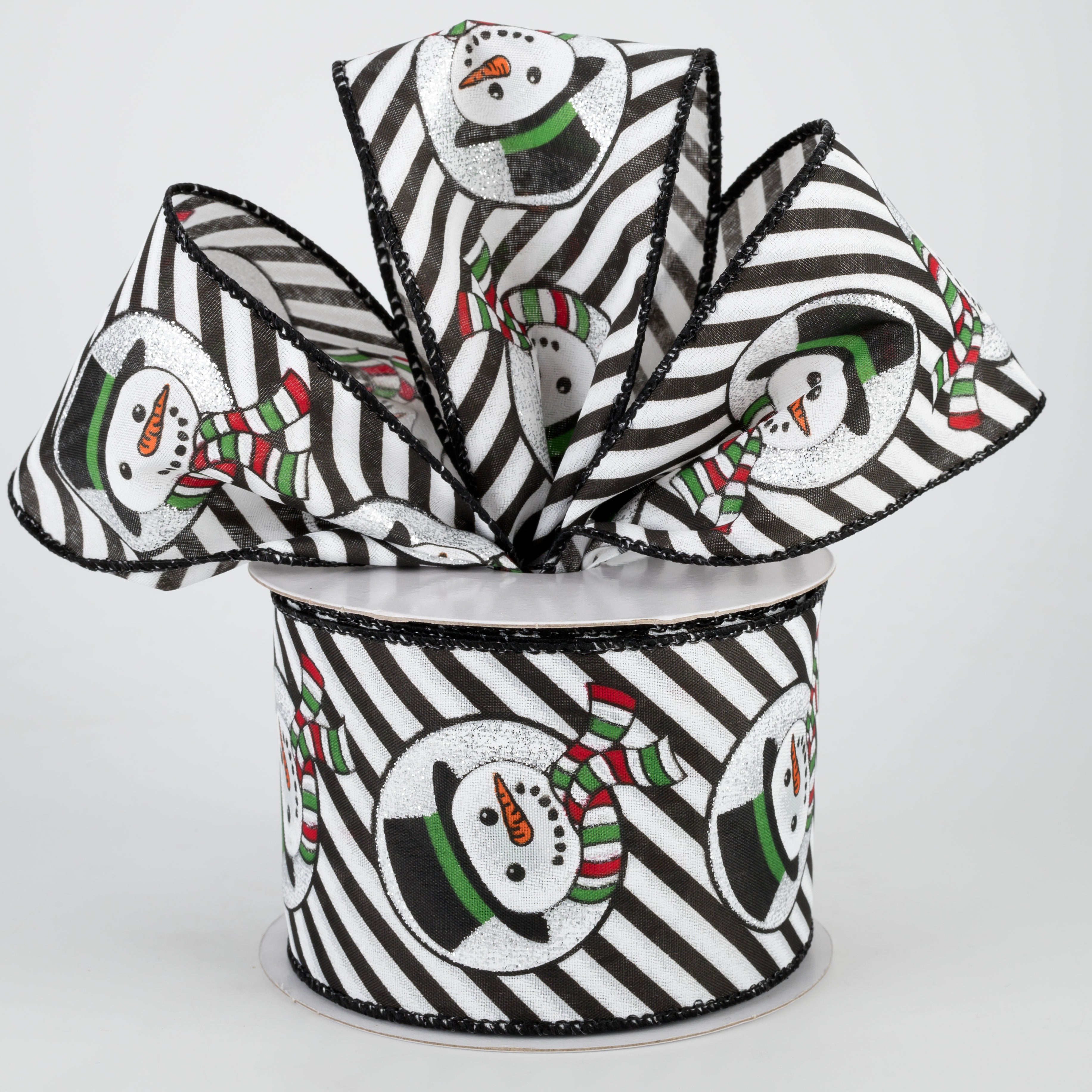 2.5" Snowman Head & Diagonal Stripes Ribbon: Black & White (10 Yards)
