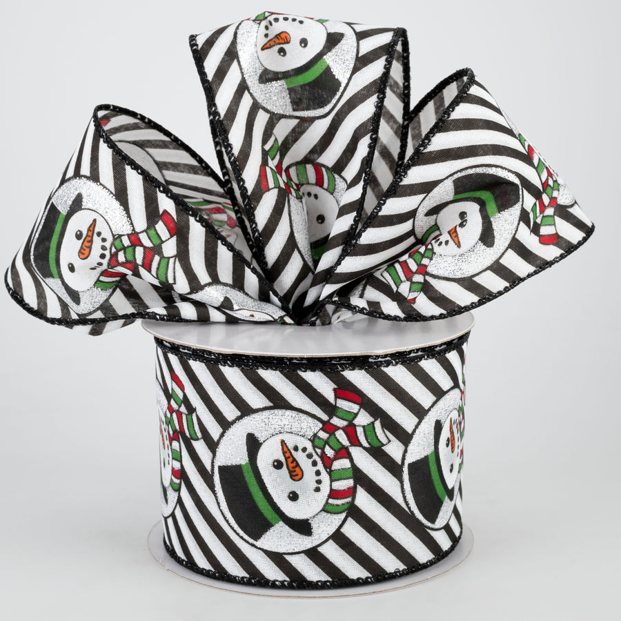 2.5" Snowman Head & Diagonal Stripes Ribbon: Black & White (10 Yards)