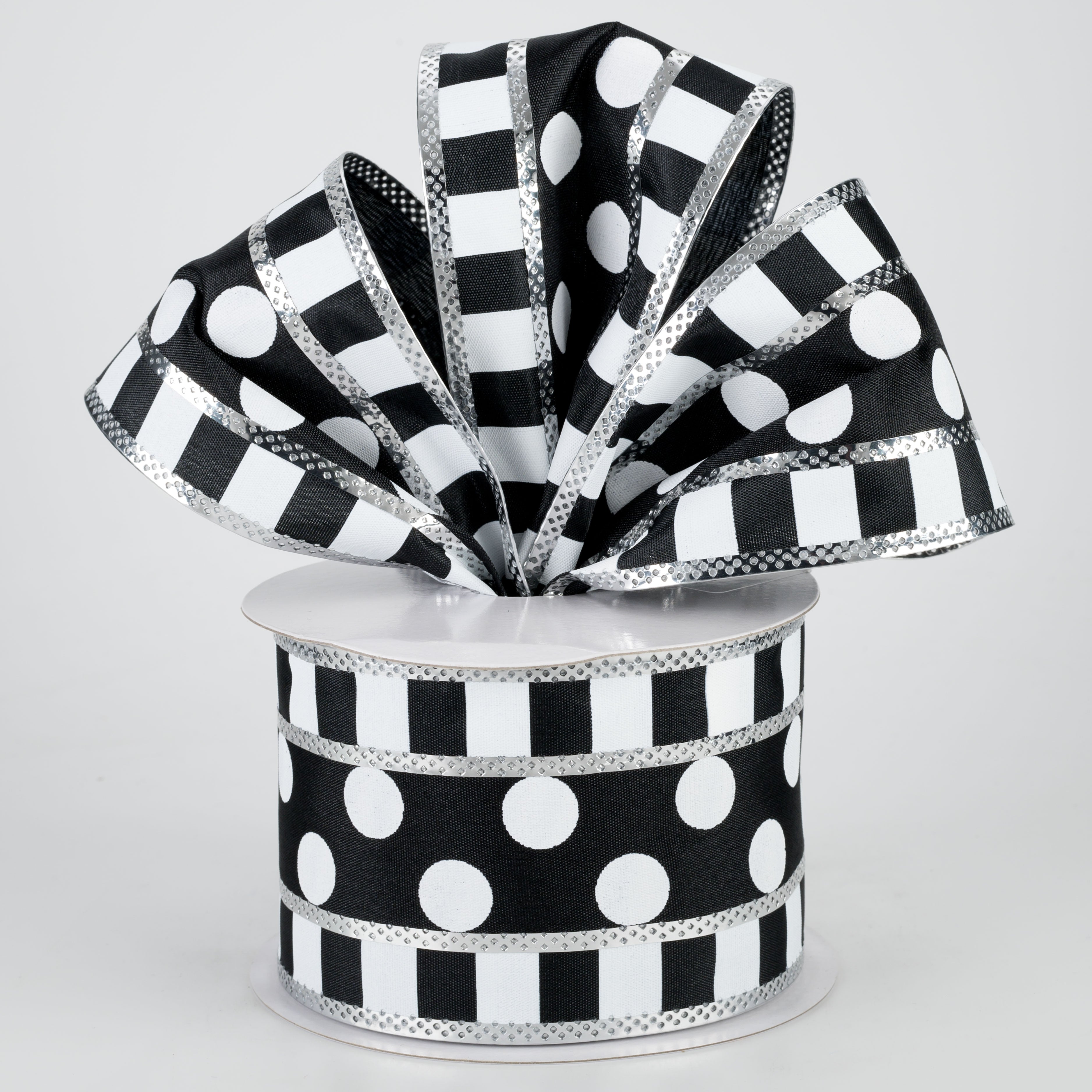 2.5" Striped Edge Polka Dot Ribbon: Black, White, Silverd (10 Yards)