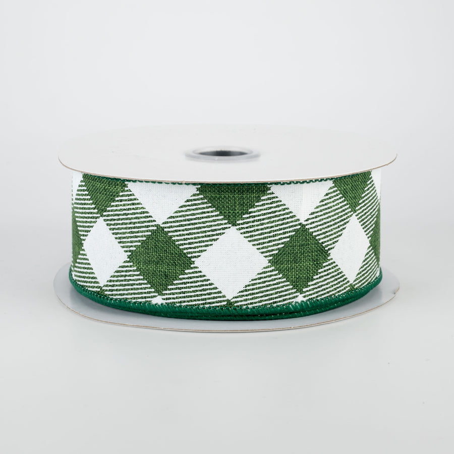 1.5" Diagonal Check Ribbon: Emerald Green & White (10 Yards)