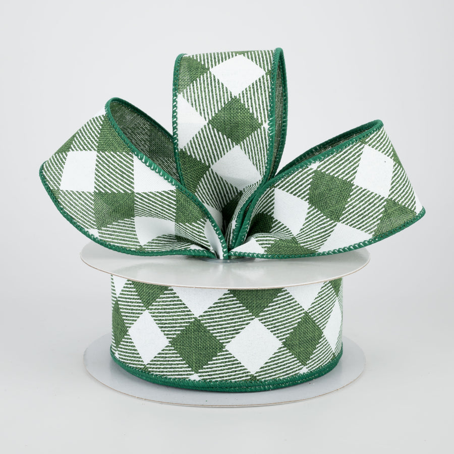1.5" Diagonal Check Ribbon: Emerald Green & White (10 Yards)