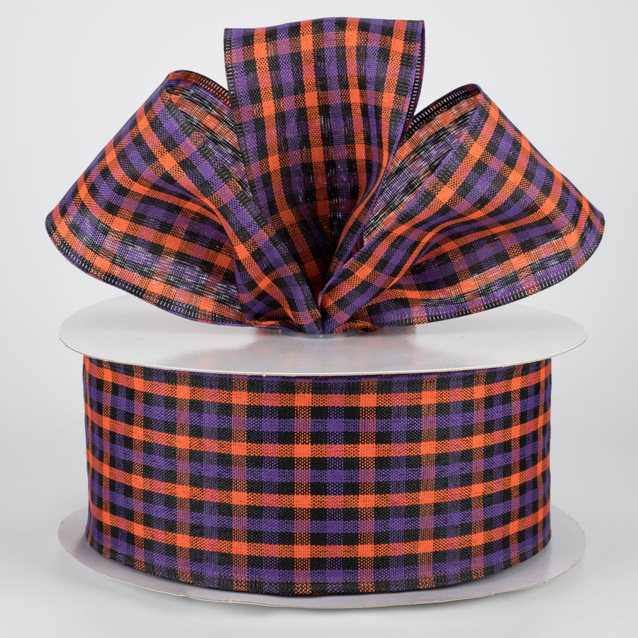 2.5" Woven Gingham Check Ribbon: Orange, Purple, Black (50 Yards)