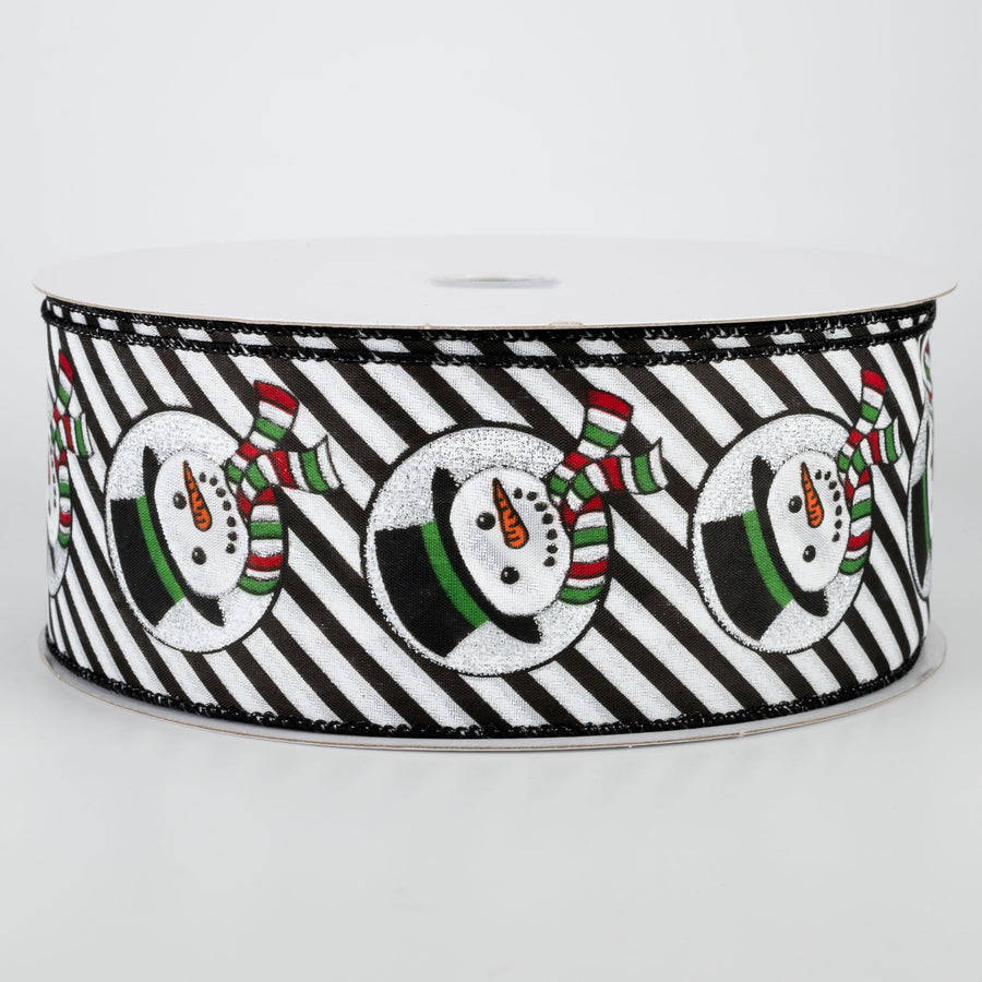 2.5" Snowman Head & Diagonal Stripes Ribbon: Black & White (50 Yards)