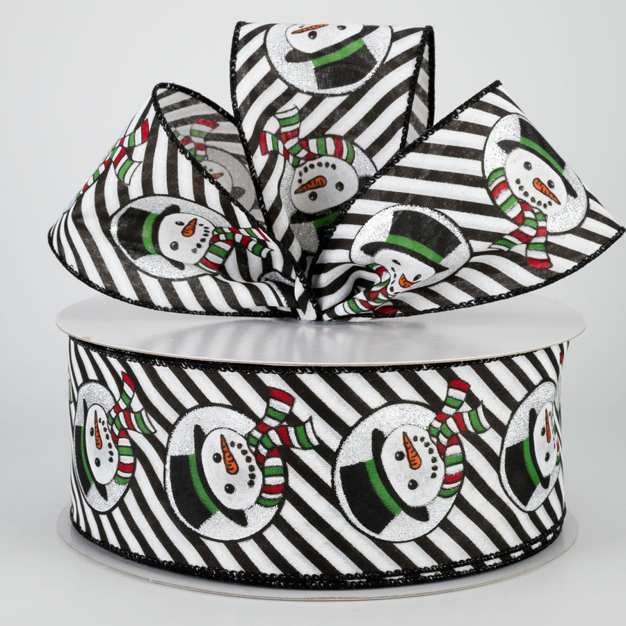 2.5" Snowman Head & Diagonal Stripes Ribbon: Black & White (50 Yards)