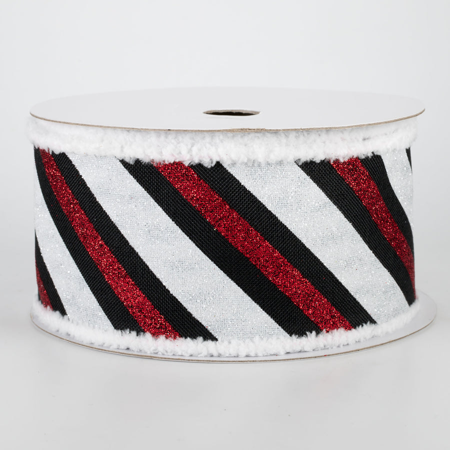 2.5" Chenille Edge Diagonal Glitter Stripe Ribbon: Black, Red, White (10 Yards)