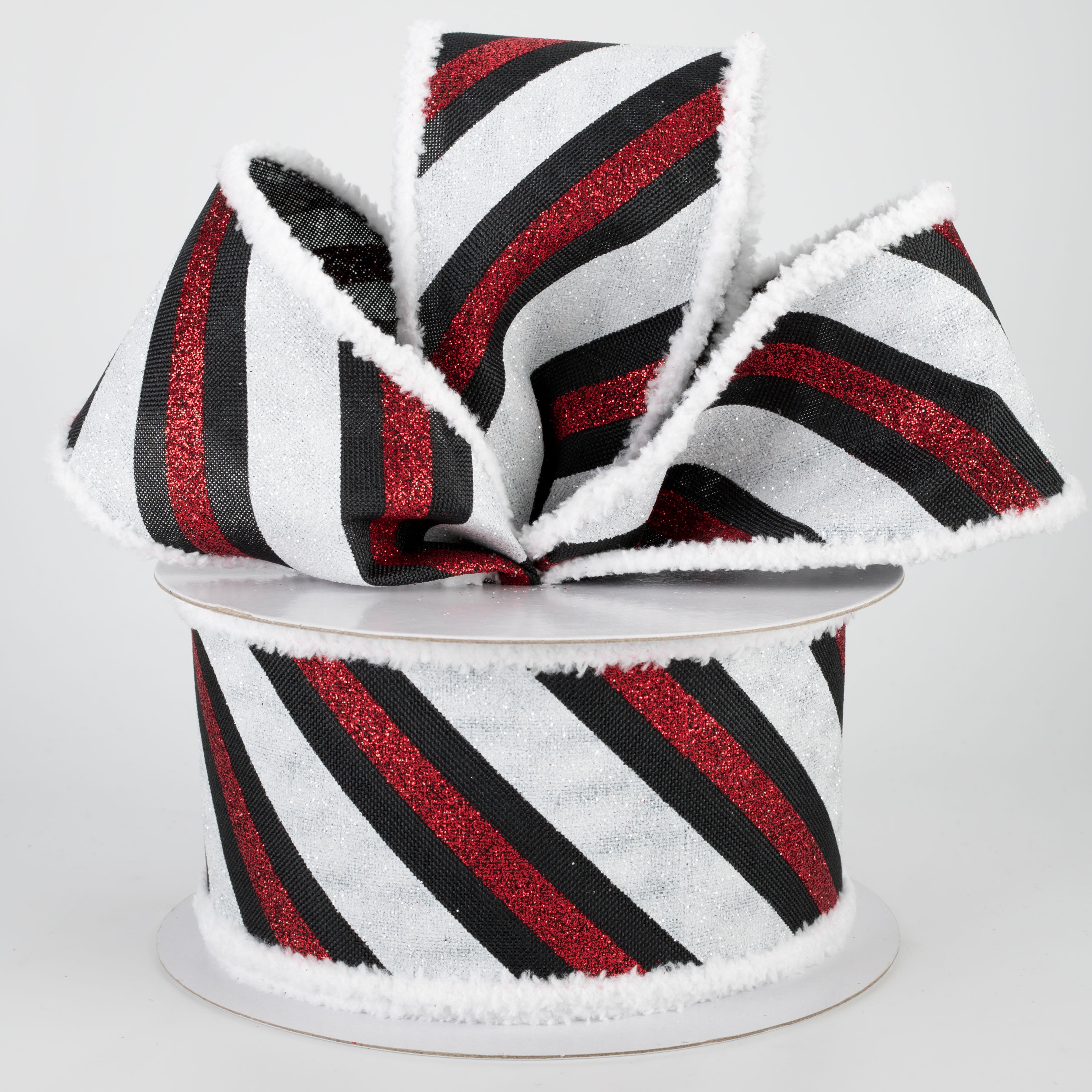 2.5" Chenille Edge Diagonal Glitter Stripe Ribbon: Black, Red, White (10 Yards)