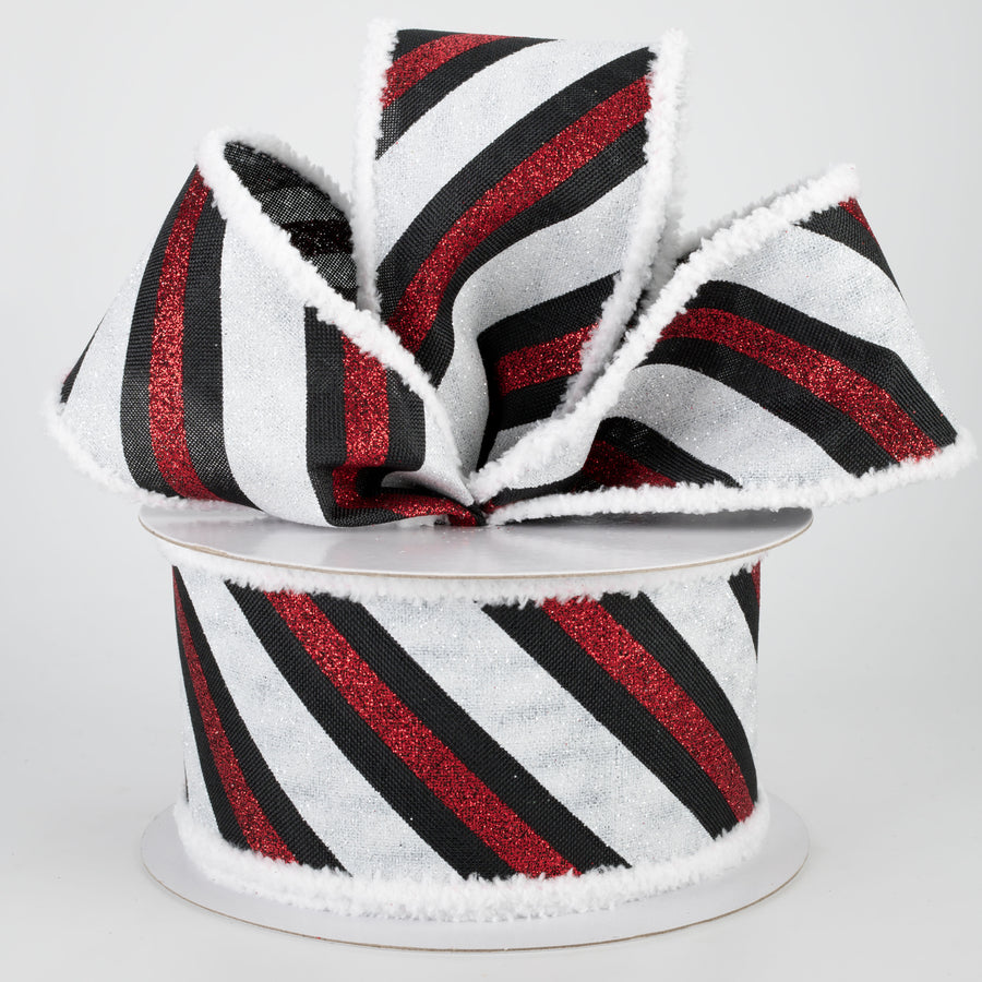 2.5" Chenille Edge Diagonal Glitter Stripe Ribbon: Black, Red, White (10 Yards)