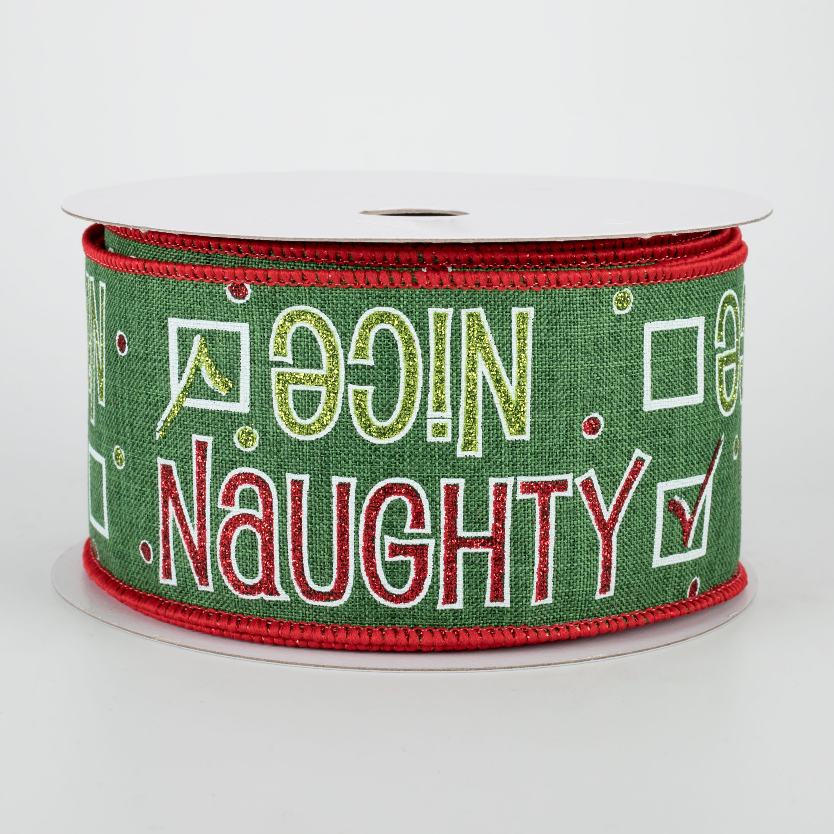 2.5" Naughty Or Nice Ribbon: Emerald, Green, Red, White (10 Yards)