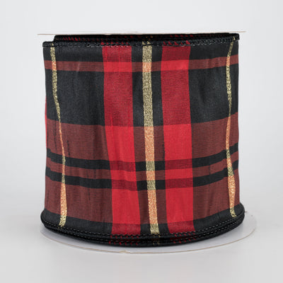 4" Plaid Faux Dupioni Ribbon: Black, Red, Gold (10 Yards)