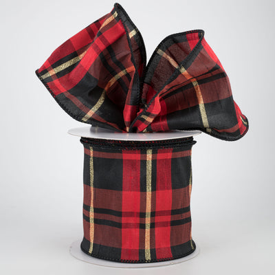 4" Plaid Faux Dupioni Ribbon: Black, Red, Gold (10 Yards)