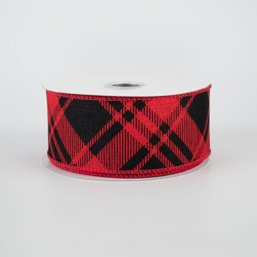 1.5" Diagonal Stripe Check Ribbon: Red & Black (10 Yards)