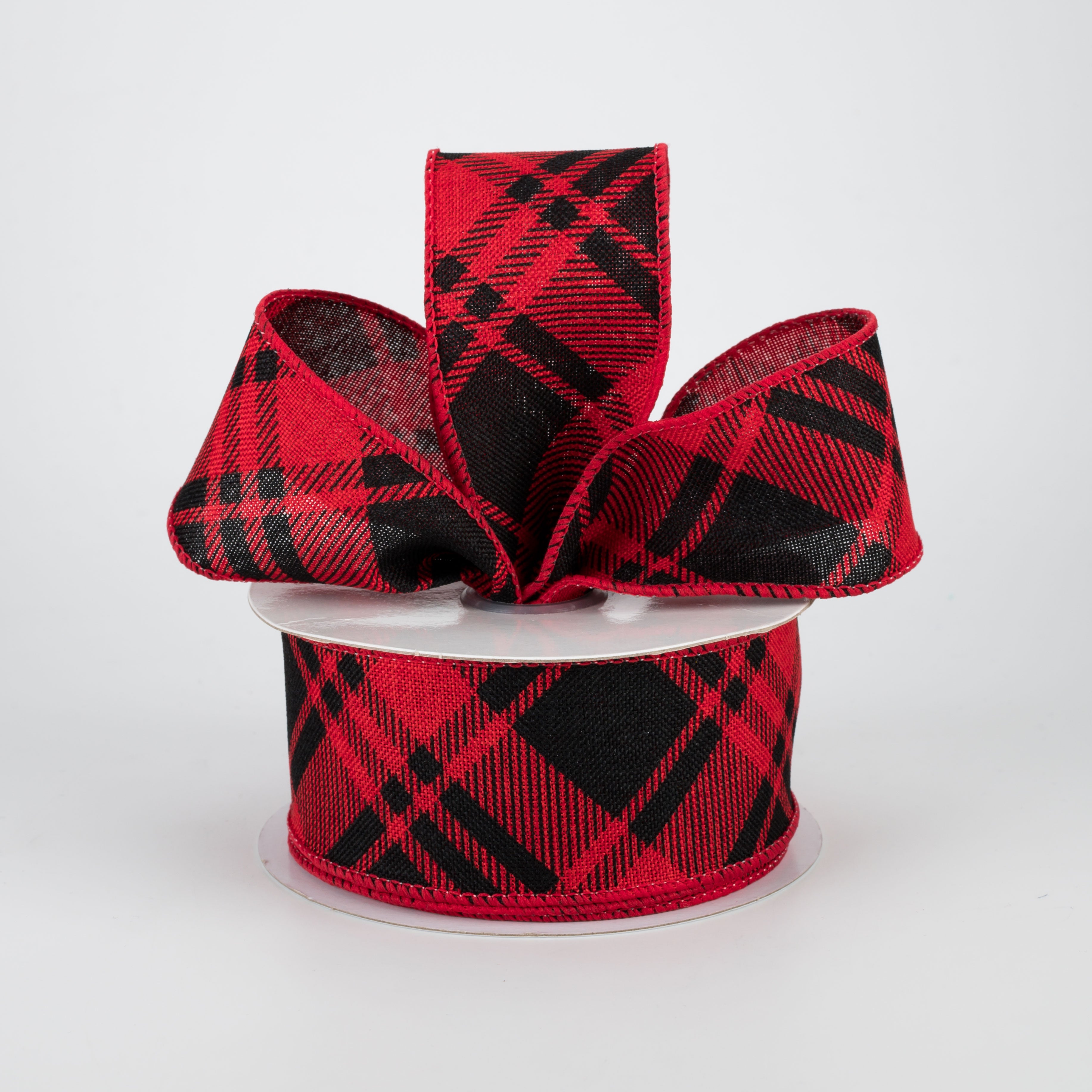 1.5" Diagonal Stripe Check Ribbon: Red & Black (10 Yards)