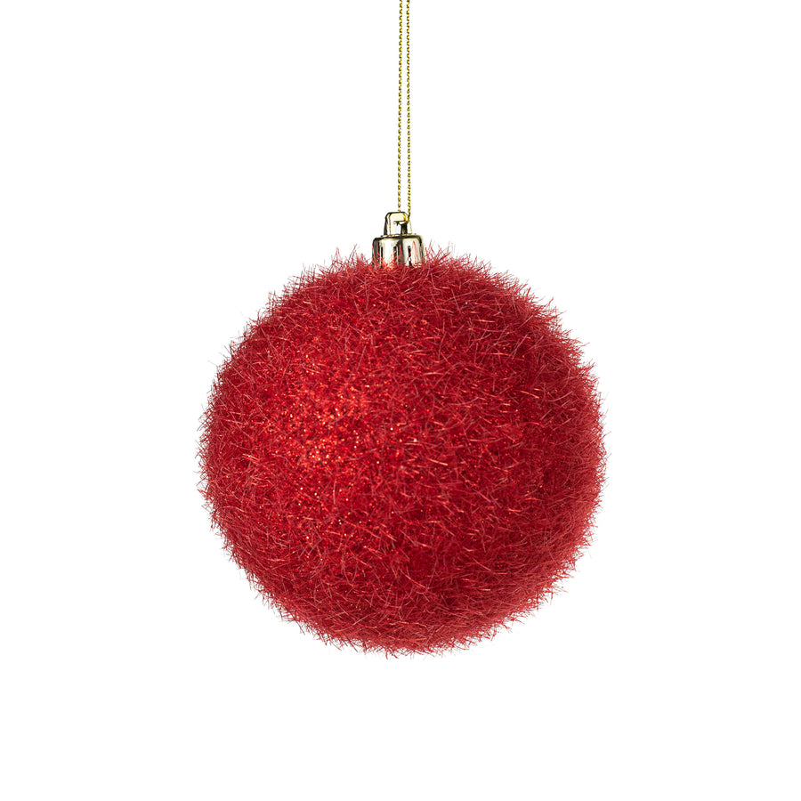 100MM Flocked Glitter Ball Ornament: Red