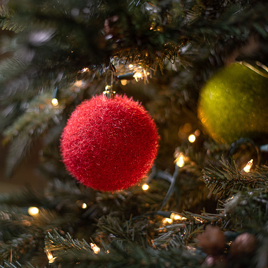 100MM Flocked Glitter Ball Ornament: Red