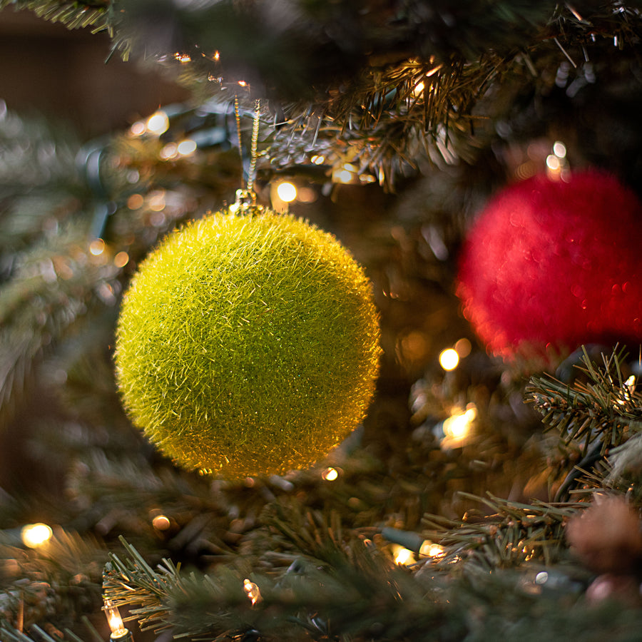 100MM Flocked Glitter Ball Ornament: Lime Green