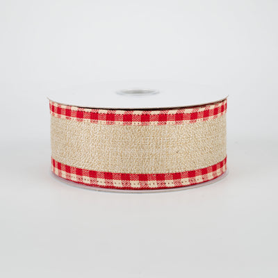 1.5" Red Gingham Check Edge Ribbon: Natural (10 Yards)