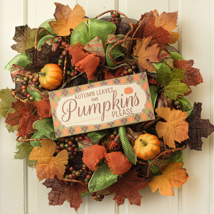 12" Wooden Sign: Autumn Leaves & Pumpkins