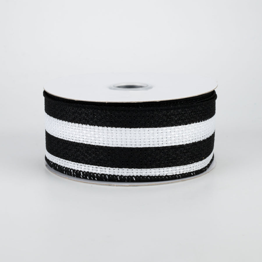 1.5" Vertical Stripe Faux Burlap Ribbon: Black & White (10 Yards)